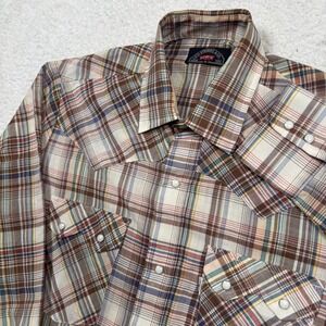 VTG 70s 80s Levis Western Shirt Mens M (FIT S) Brown Plaid Pearl Snap Sawtooth